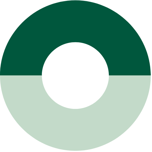 A stylized circular chart with dark green and light green segments and a black center.