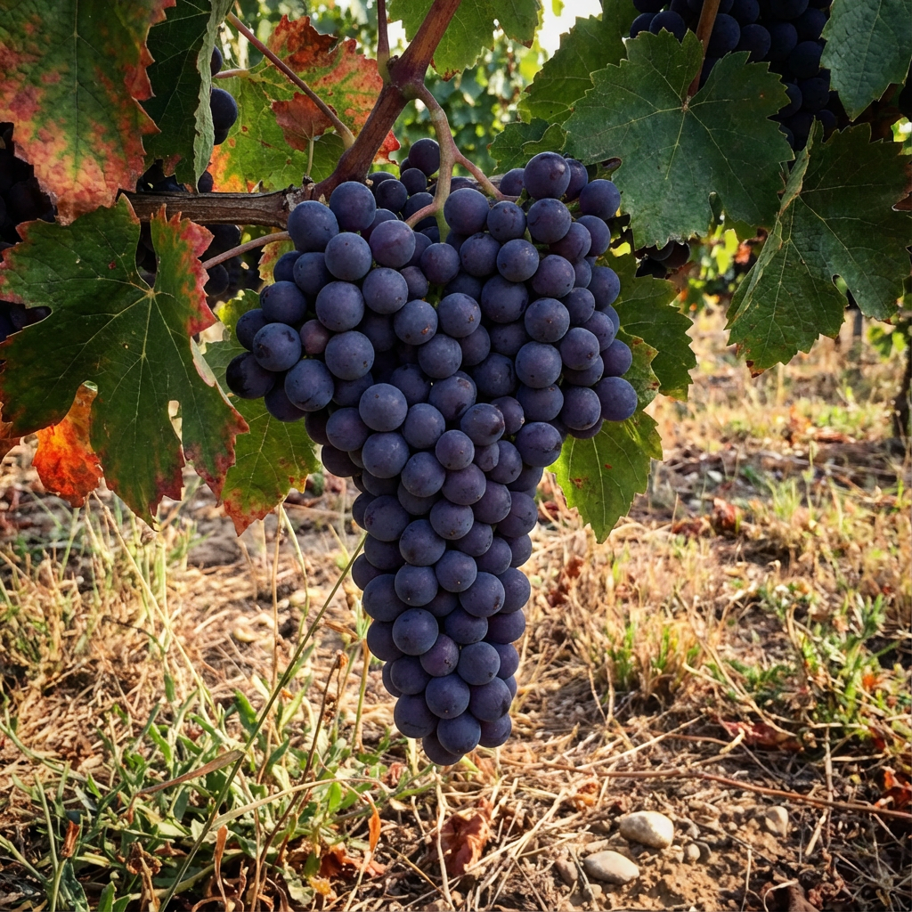 A close-up of a bunch of dark purple grapes hanging on the vine amidst green and reddish leaves in a vineyard.