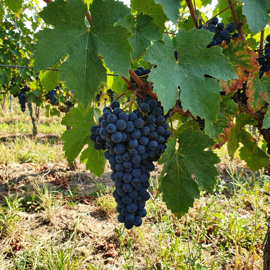 A bunch of dark purple grapes hanging from a vine with large green leaves, in a vineyard setting.