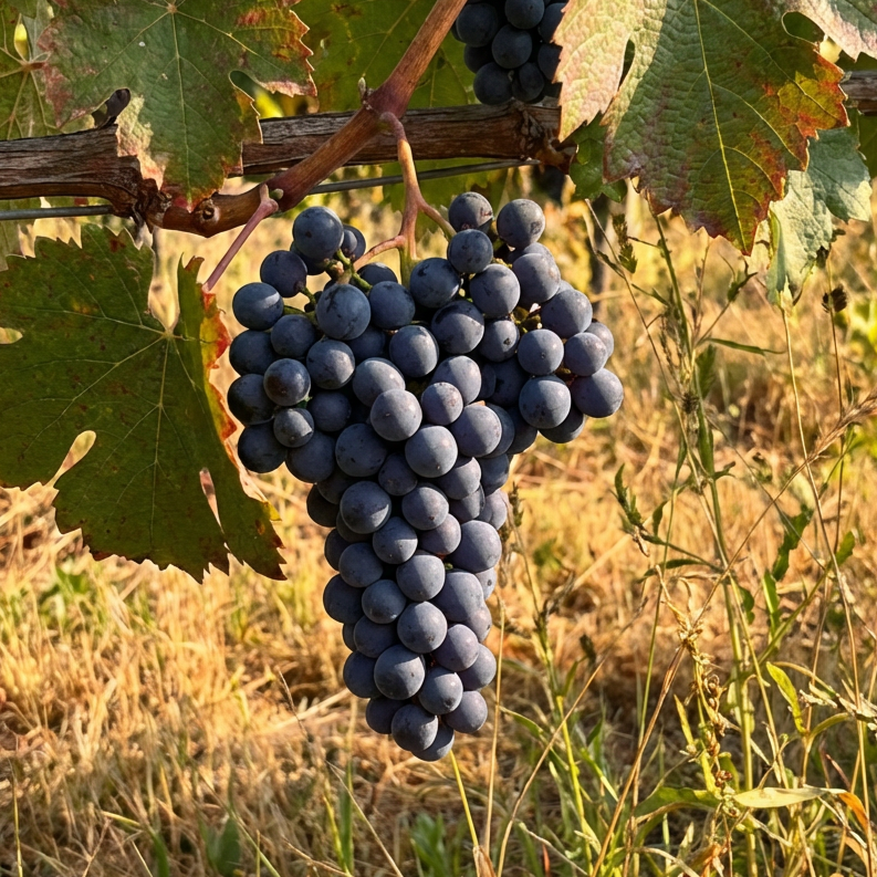 Close-up of a bunch of dark purple grapes hanging from a vine, with green and slightly yellowing leaves and dry grass in the background.