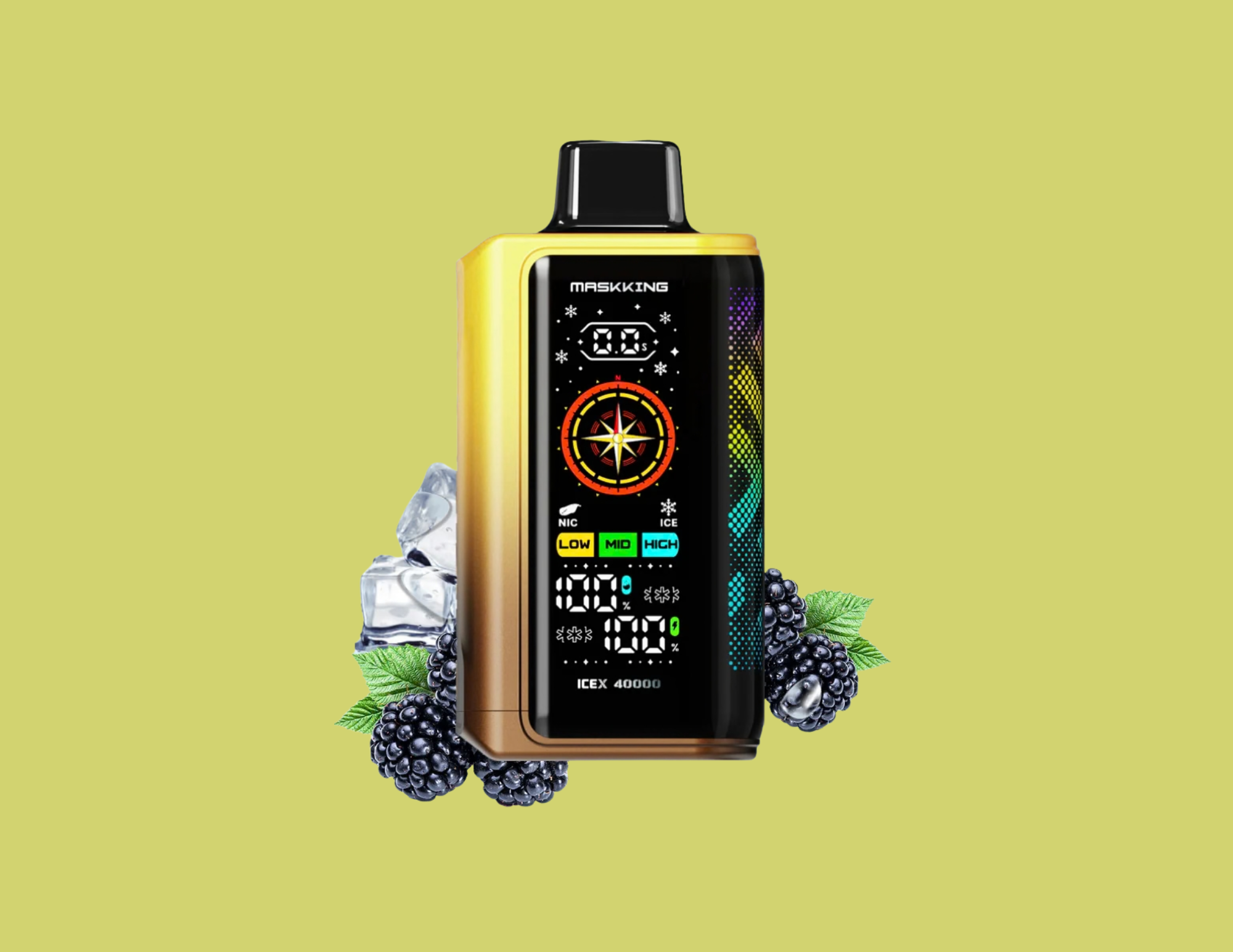 A futuristic smart device with a digital display, musical notes, and colorful icons, featuring a sleek metallic design with text referencing Lost My Way and Blue Razz Ice.
