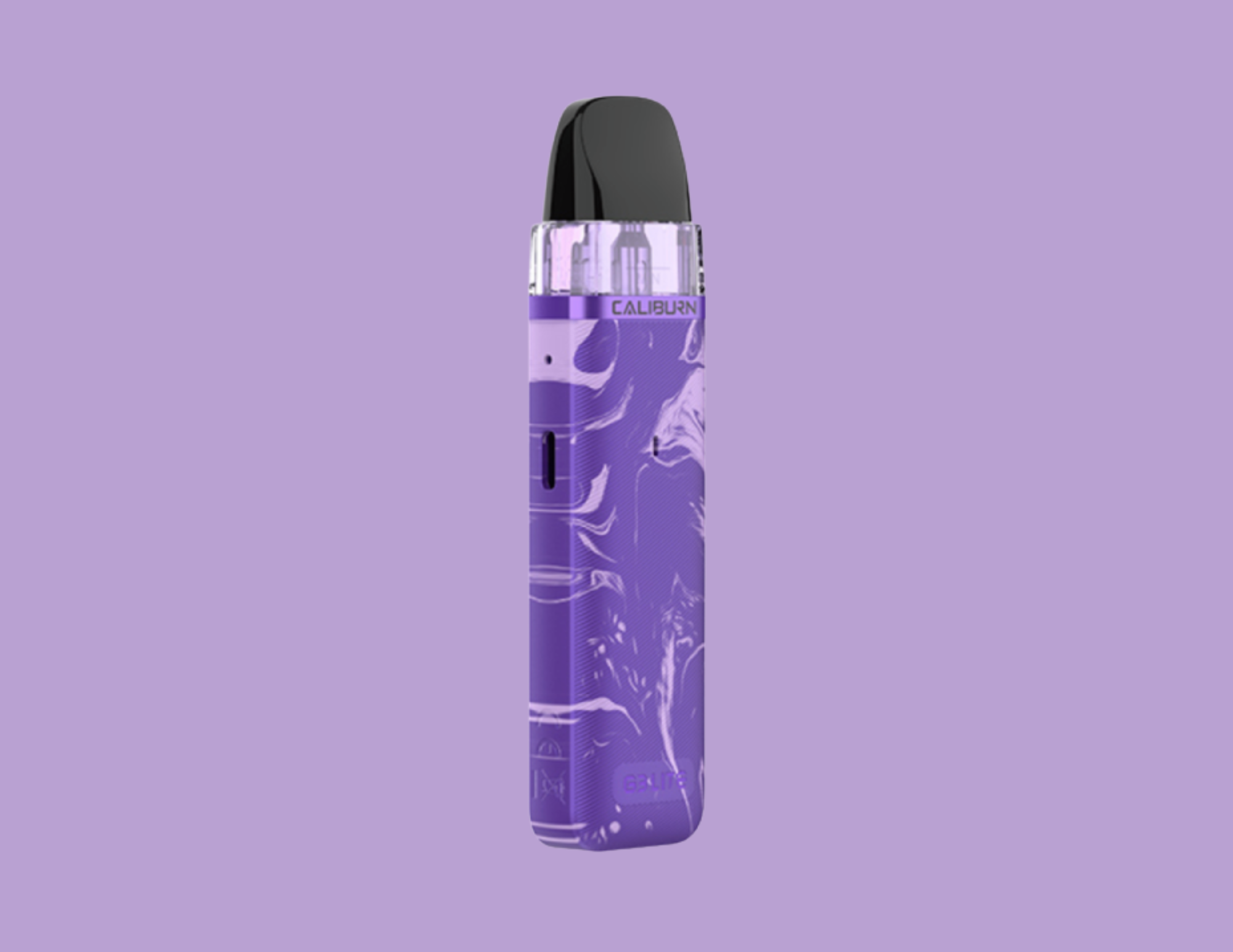 A purple Caliburn vape pen with a black mouthpiece, set against a purple background.