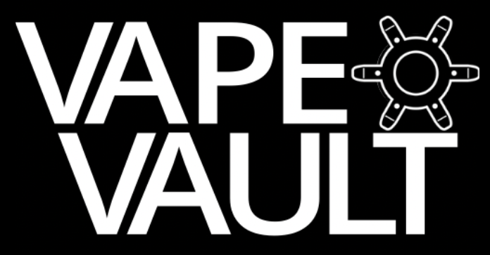 Black background with white text reading "VAPE VAULT" and a circular lock or vault icon resembling an atomizer or vaporizer part