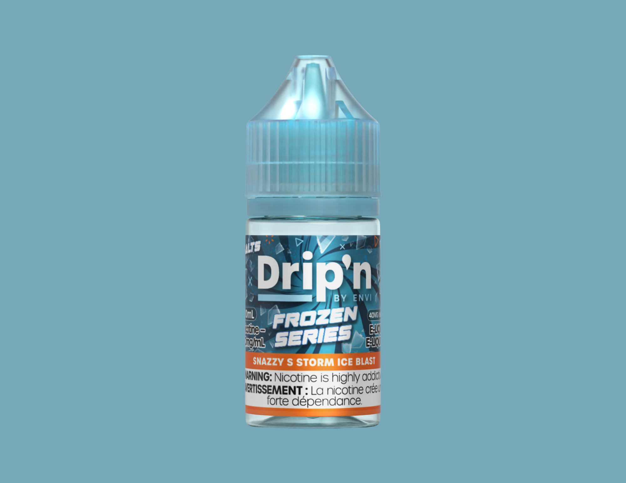 A bottle of vaping e-liquid from the Drip'n Frozen Series, flavor Snazzy S Storm Ice Blast, with a blue label and a blue cap, set against a light blue background.