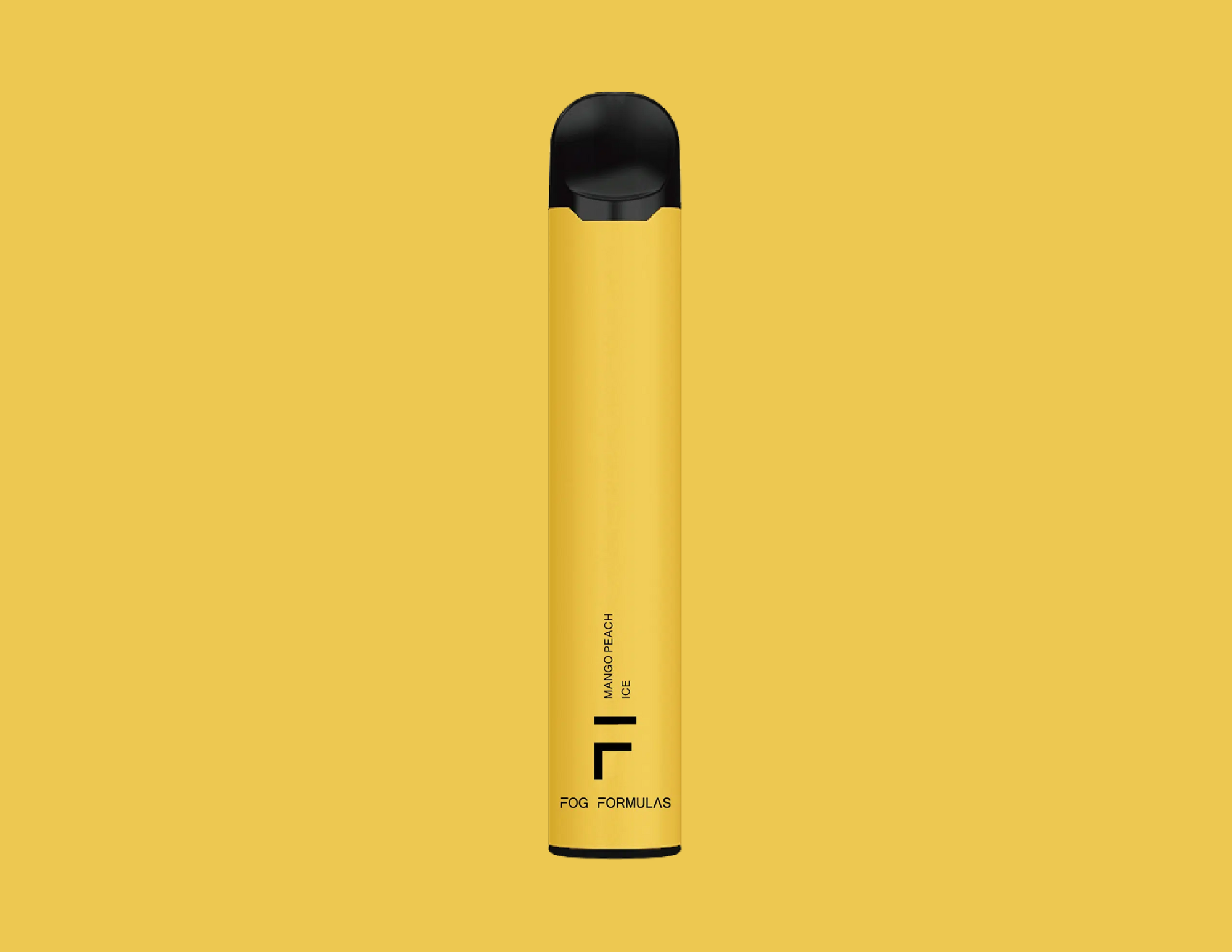 Yellow disposable vape pen with black top, labeled 'Mango Peach Ice' and 'Fog Formulas' on a matching yellow background.