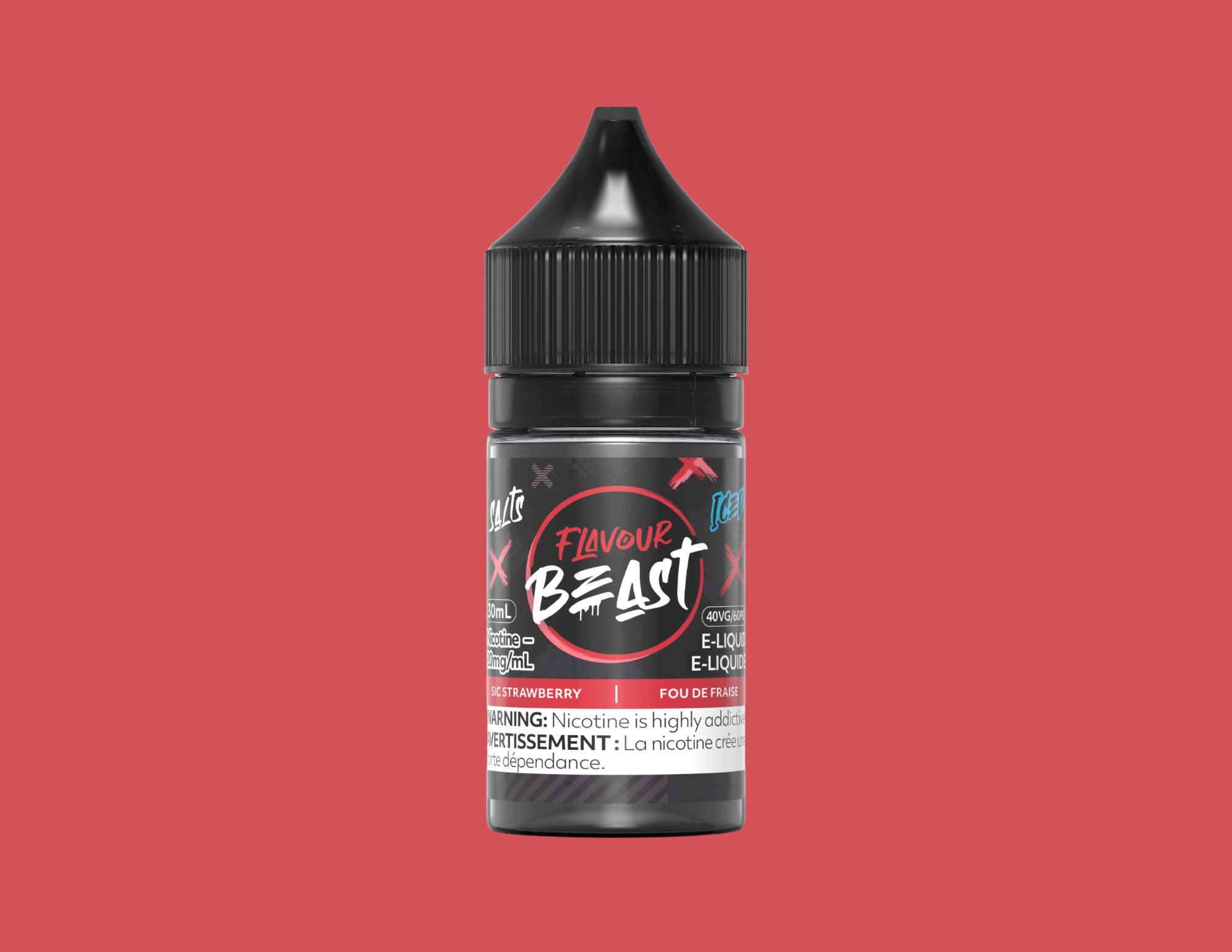 A bottle of Flavour Beast e-liquid with a strawberry flavor label against a red background.
