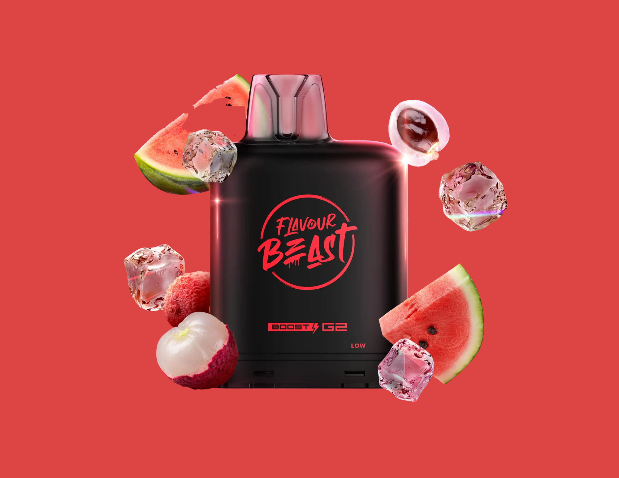 A black vape device labeled 'Flavour Blast' surrounded by watermelon, lychee, and ambiguous fruit slices, along with ice cubes on a red background.