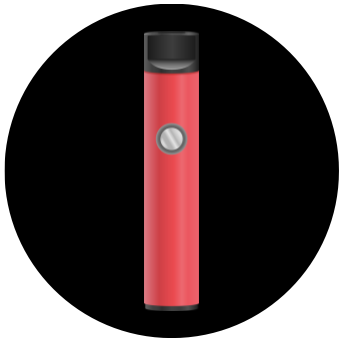 Red portable vaporizer with a black mouthpiece and a silver button.