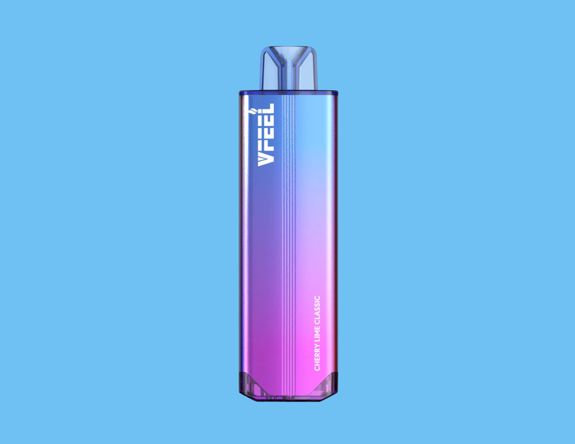 Vape device with a gradient purple and blue body, transparent mouthpiece, and the label 'VapeL' and 'Cherry Lime Classic' on the side, set against a light blue background.