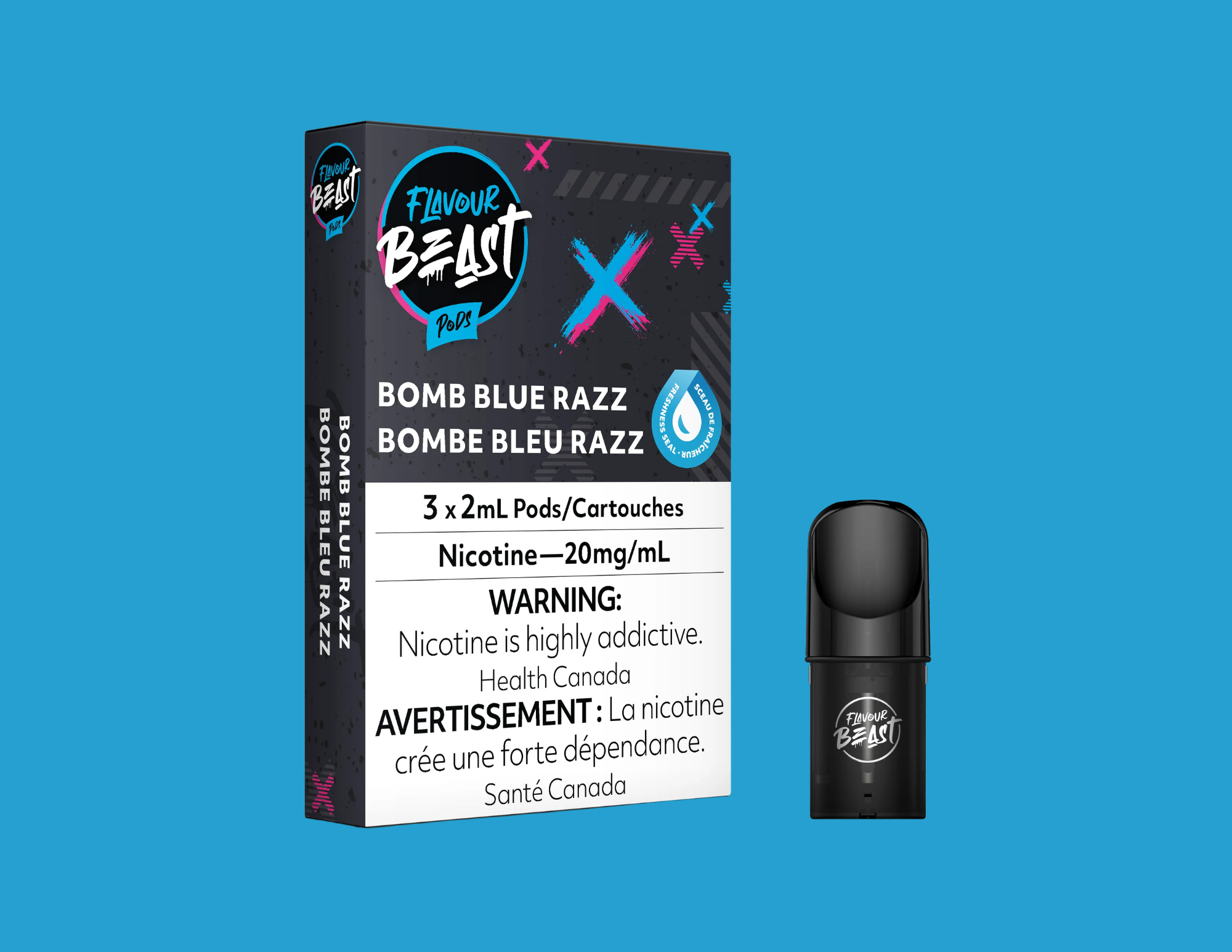 A pack of Flavour Beast Pods Bomb Blue Razz flavor with three 2mL pods, featuring a warning label about nicotine addiction, next to a black disposable vape pen on a blue background.