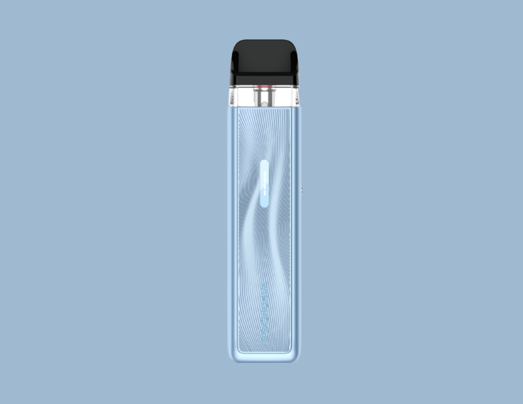 A portable electronic vaping device with a sleek, silver body and a black mouthpiece, set against a light blue background.