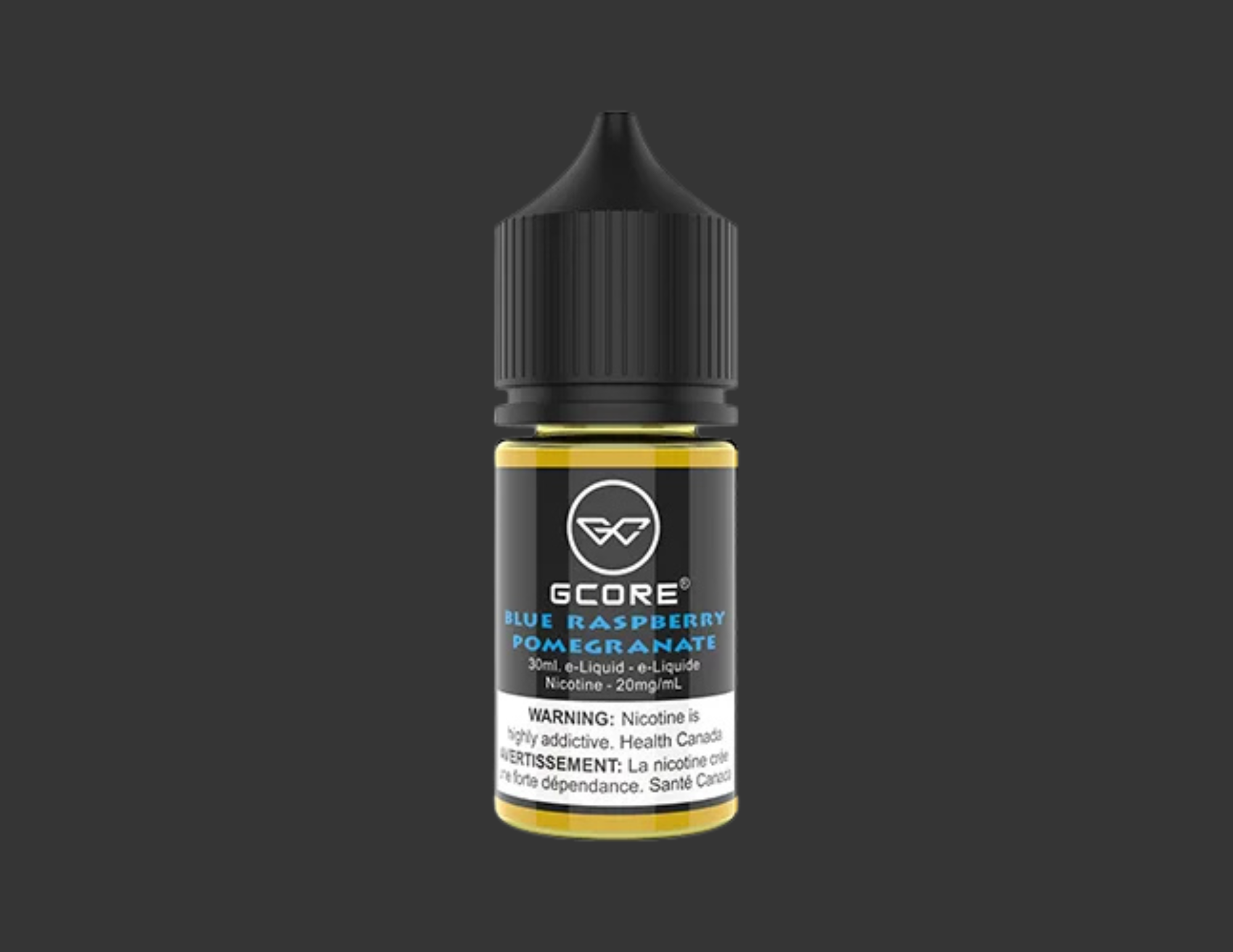Bottle of GCORE Blue Raspberry Pomegranate e-liquid with black cap, label showing flavor, nicotine content, and health warning, set against a dark background.