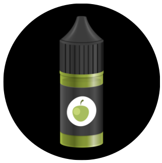 A small bottle with a black cap and a green label featuring a white apple symbol, set against a black circular background.