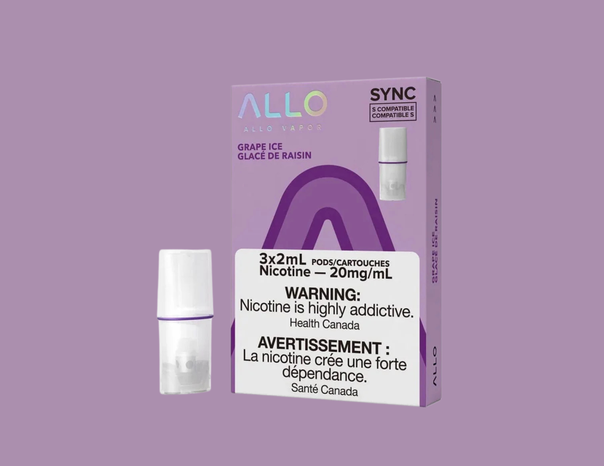 A purple package of ALLO vapor grape ice flavored vaping pods, showing a white vape pod and a warning label about nicotine addiction