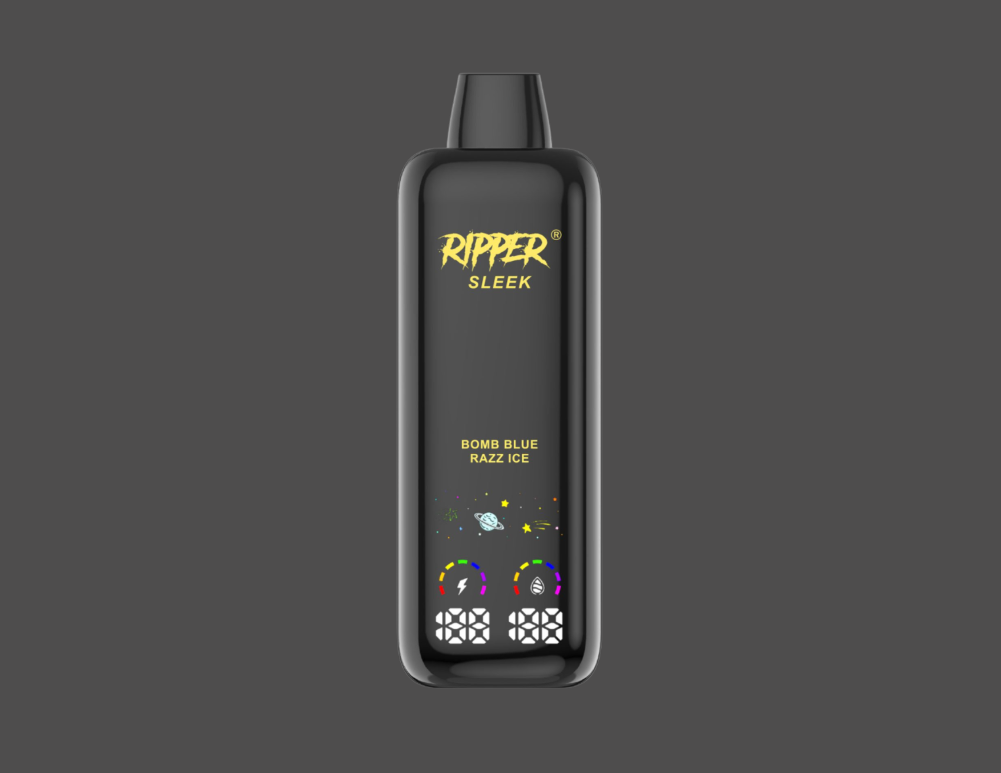A black electronic vape device with the brand name 'RIPPER SLEEK' and the flavor 'BOMB BLUE RAZZ ICE' displayed on the screen, with colorful graphics of planets and stars on a gray background.