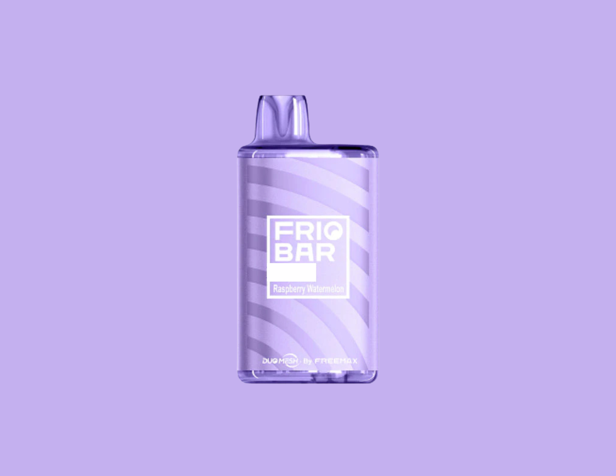 A purple bottle of Frio Bar Raspberry Watermelon flavored ice. The label shows the brand name and flavor, with a purple background and diagonal stripes.