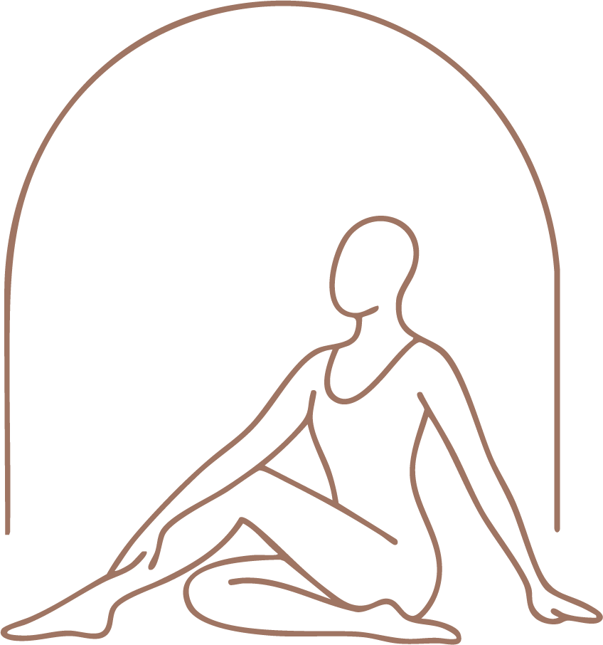 Line drawing of a woman sitting on the floor with legs extended and one arm supporting her, in front of an arched window or doorway.