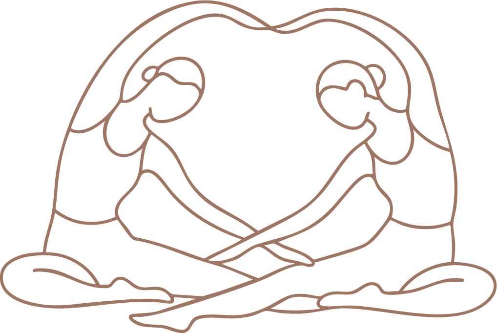 Line drawing of two children facing each other, reaching out and holding hands.