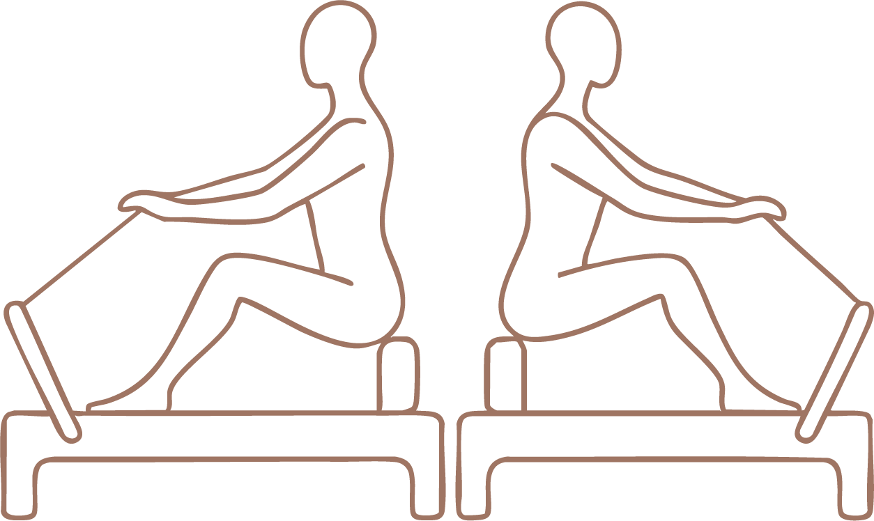 Line drawing of two individuals sitting on therapy tables, performing physical therapy exercises with their arms extended forward and their legs bent.