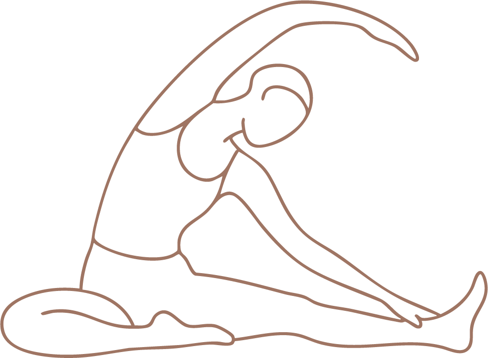 Line drawing of a person practicing yoga in a seated forward bend pose.