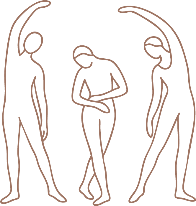 Line art drawing of three women standing in a circle, holding hands, with their heads bowed.