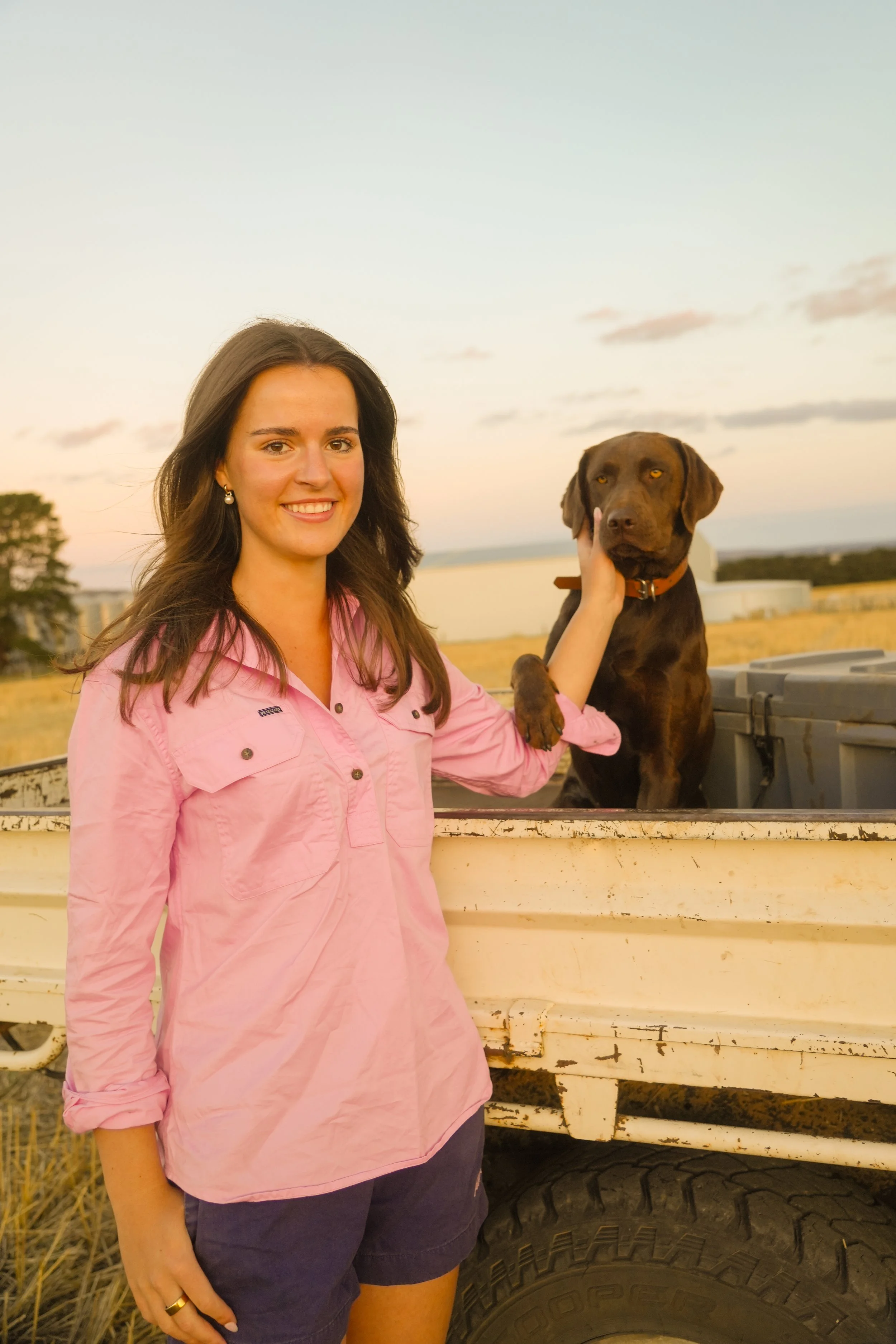 A woman with long brown hair smiling and petting a brown Labrador retriever in the back of a white pickup truck during sunset in a rural area.