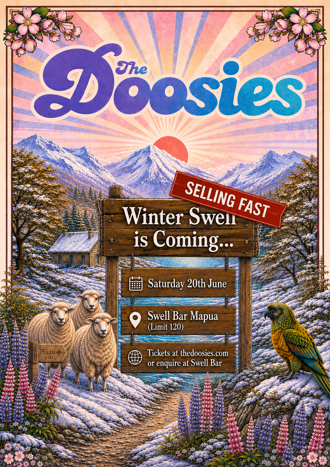 A colorful poster for the band The Doies with a winter landscape background. Features snowy mountains, a sunrise, a house, sheep, a parrot, flowers, and a wooden sign with event details for a winter event on Saturday, June 20th, at Swell Bar Mapua.