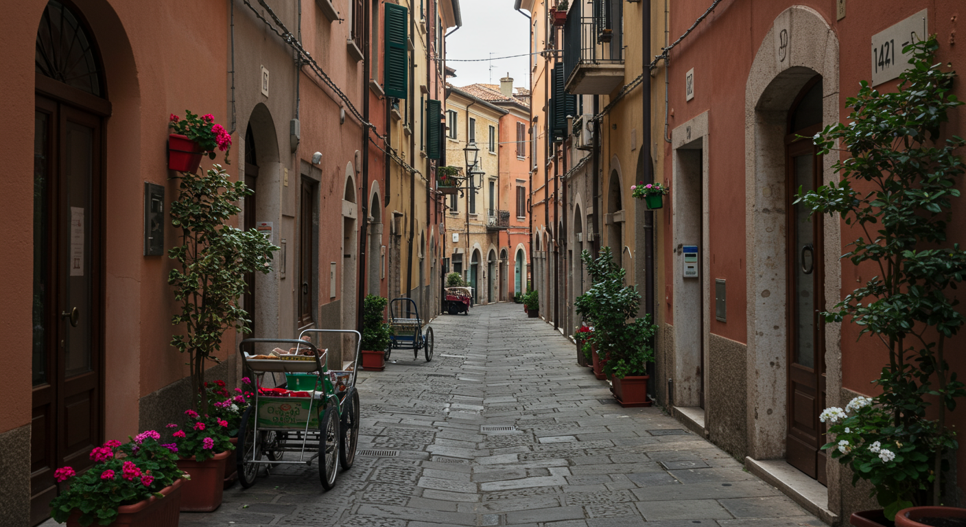 A narrow cobblestone street in a European town, lined with colorful buildings and potted plants, with a wheelchair parked on the sidewalk.