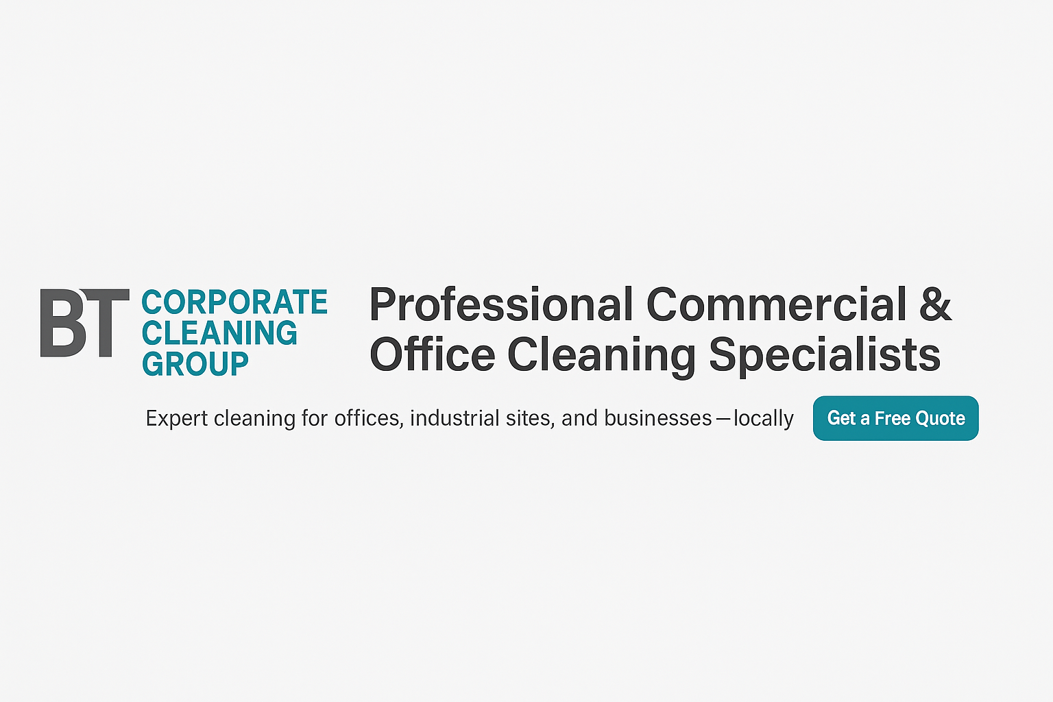 BT Corporate Cleaning Group logo with text offering professional commercial and office cleaning services, and a 'Get a Free Quote' button.