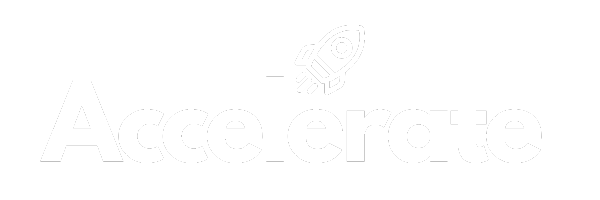 The word 'Accelerate' in white text with a rocket icon above the letter 'e' on a black background.