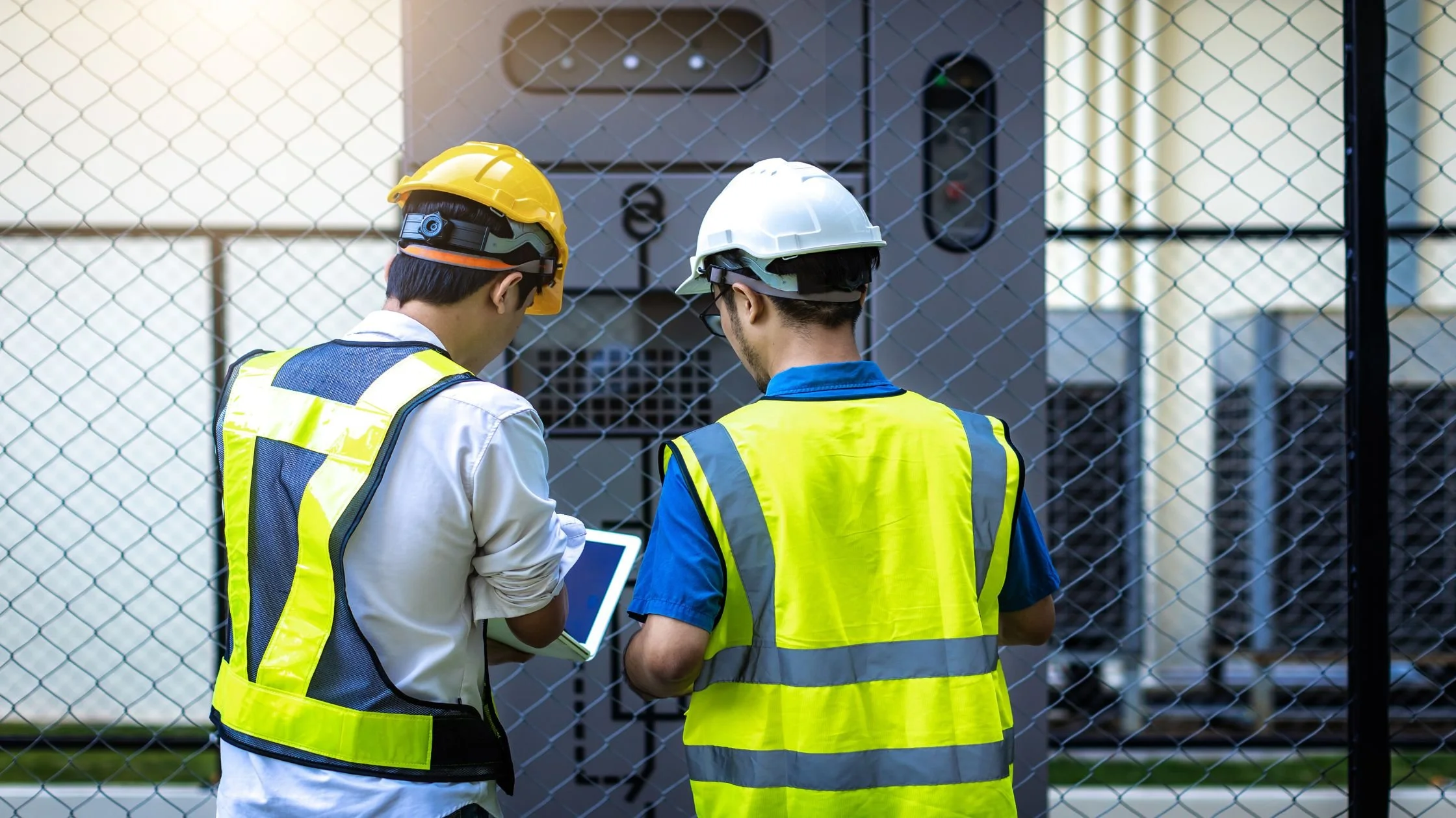 Two male utility workers wearing safety helmets and reflective vests inspecting electrical equipment behind a chain-link fence.
