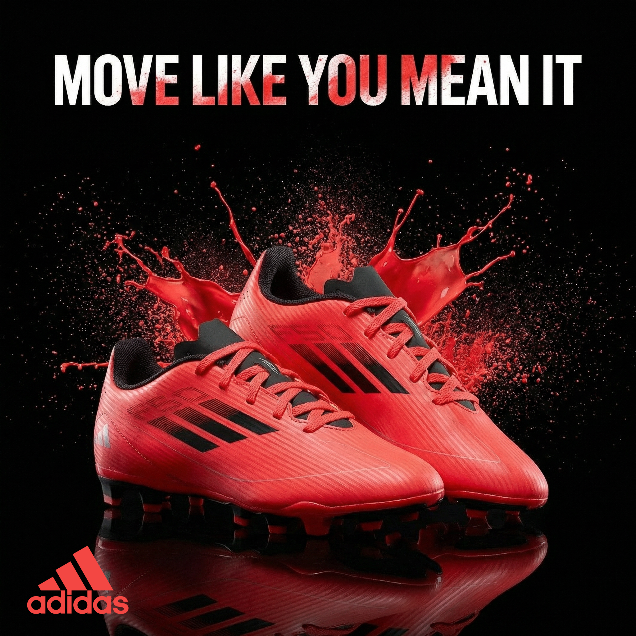 Red soccer cleats with black stripes and black accents, with a splash of red paint behind, and the words 'Move Like You Mean It' at the top. Adidas logo in the bottom left corner.