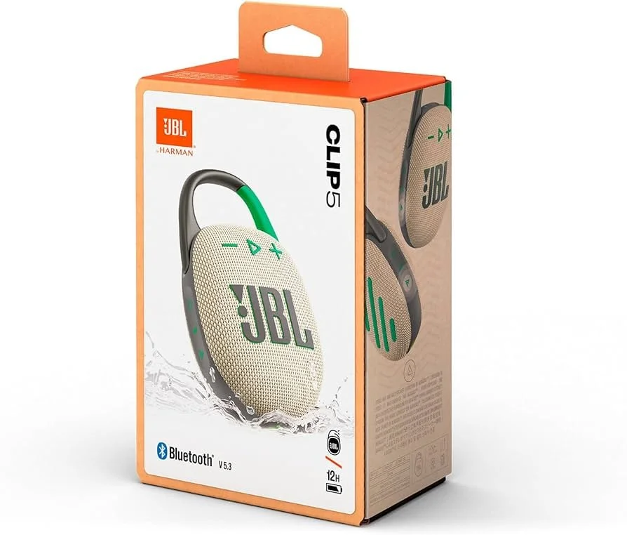 JBL Clip 5 portable Bluetooth speaker in water-resistant packaging.