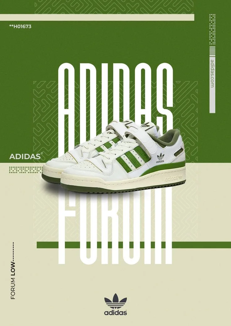 Advertising poster for Adidas Forum Low sneakers with a white and green color scheme.