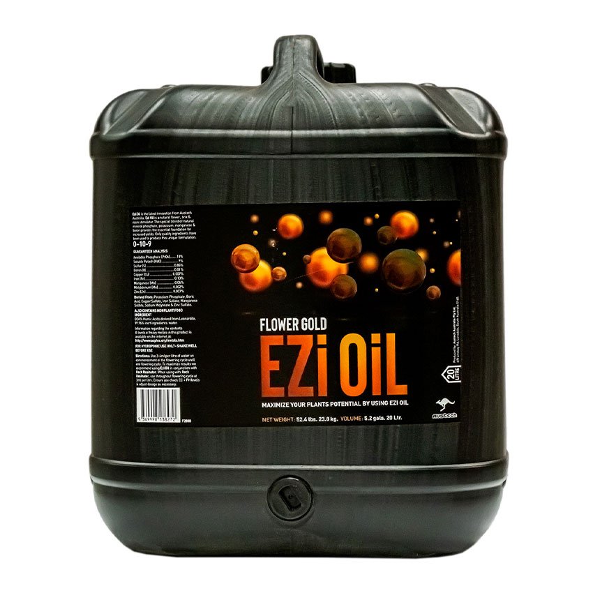 Large black container of Flower Gold EZi Oil with a colorful label featuring images of orange and brown spheres, indicating plant nutrient supplement for maximizing plant potential.