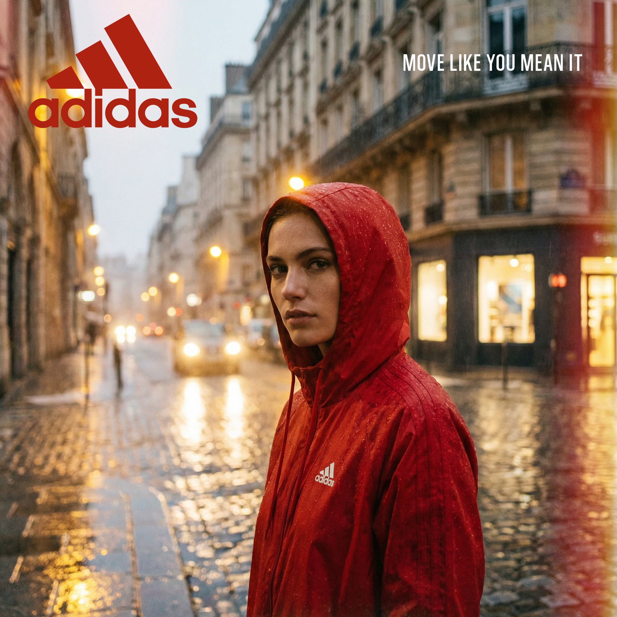 A young woman wearing a red Adidas rain jacket with hood standing on a wet cobblestone street in a city, with blurred streetlights and buildings in the background during rainfall.