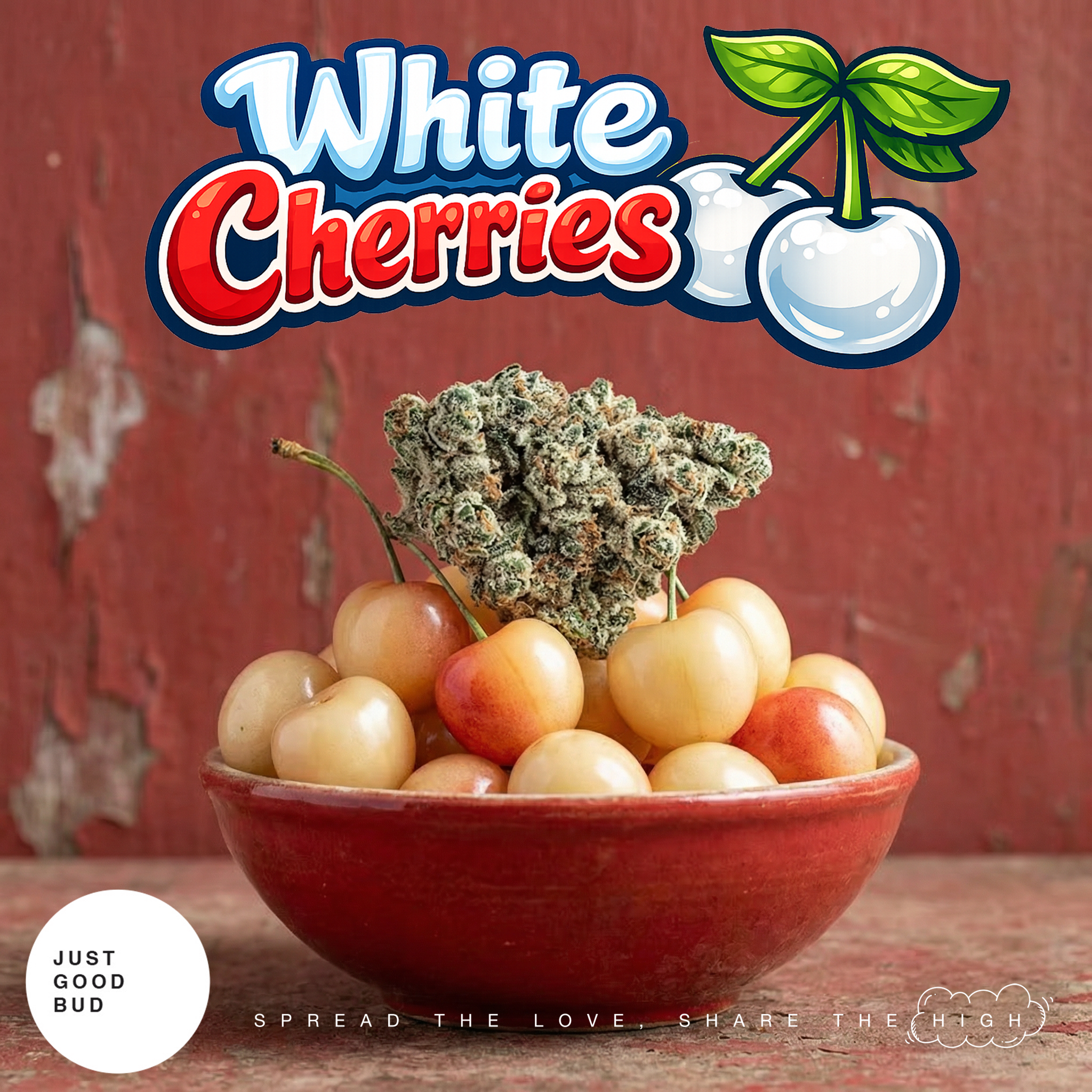 A red bowl filled with white cherries with a large cannabis bud on top, set against a rustic red wooden background, with text labels about cherries and cannabis.