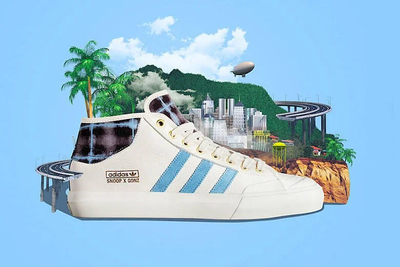 Large sneaker with a cityscape, trees, and a blimp in the background.