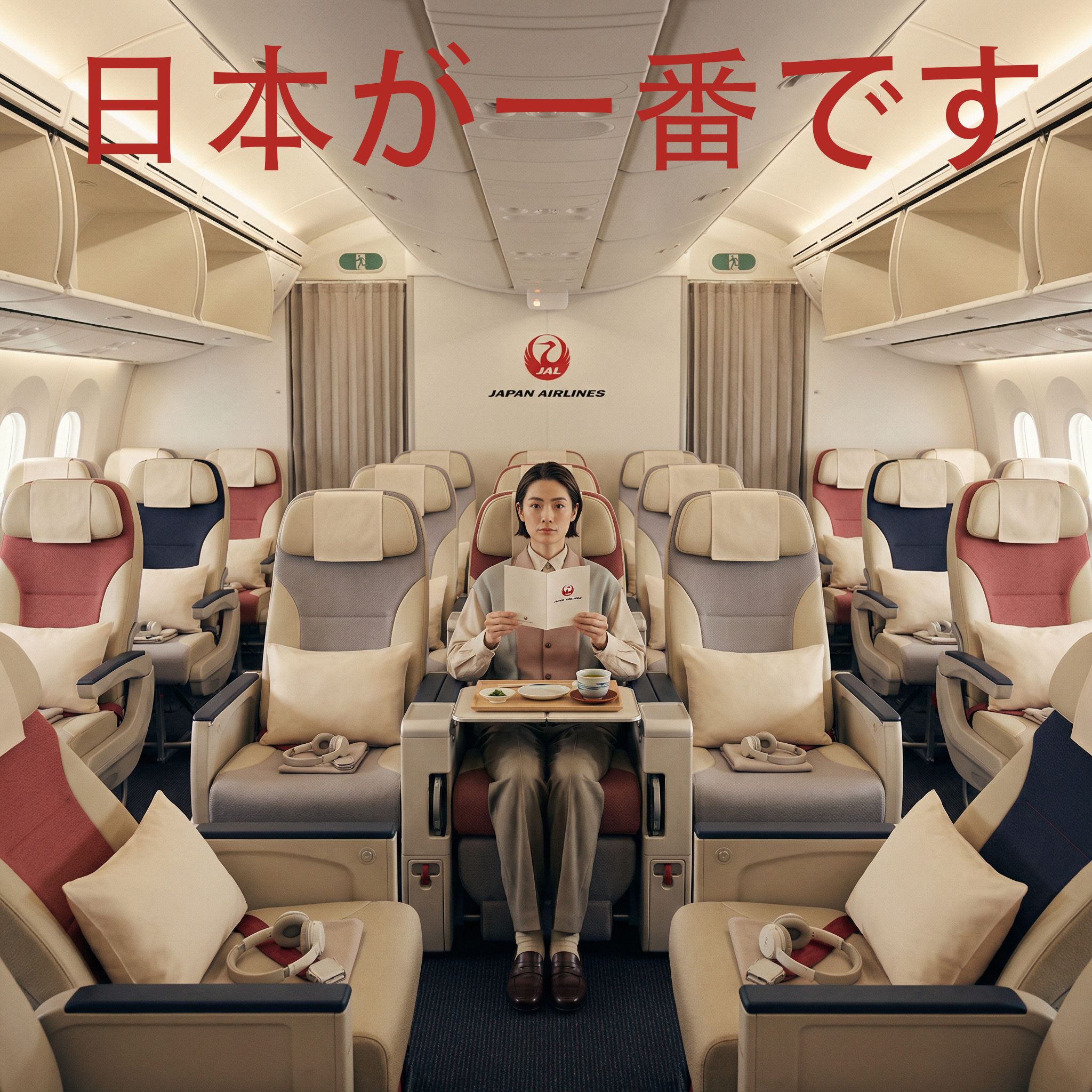 Inside an airplane cabin with rows of beige, pink, and navy blue seats. A woman dressed in flight attendant uniform is sitting in the middle seat with a meal in front of her, reading a brochure. The Japan Airlines logo is visible on the wall behind h