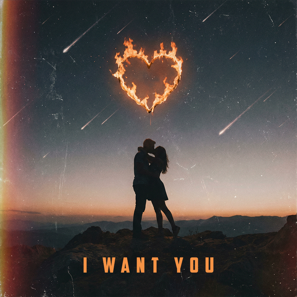 A silhouette of a couple embracing on a mountain at sunset, with a fiery heart shape and shooting stars in the sky, and the words "I WANT YOU" at the bottom.