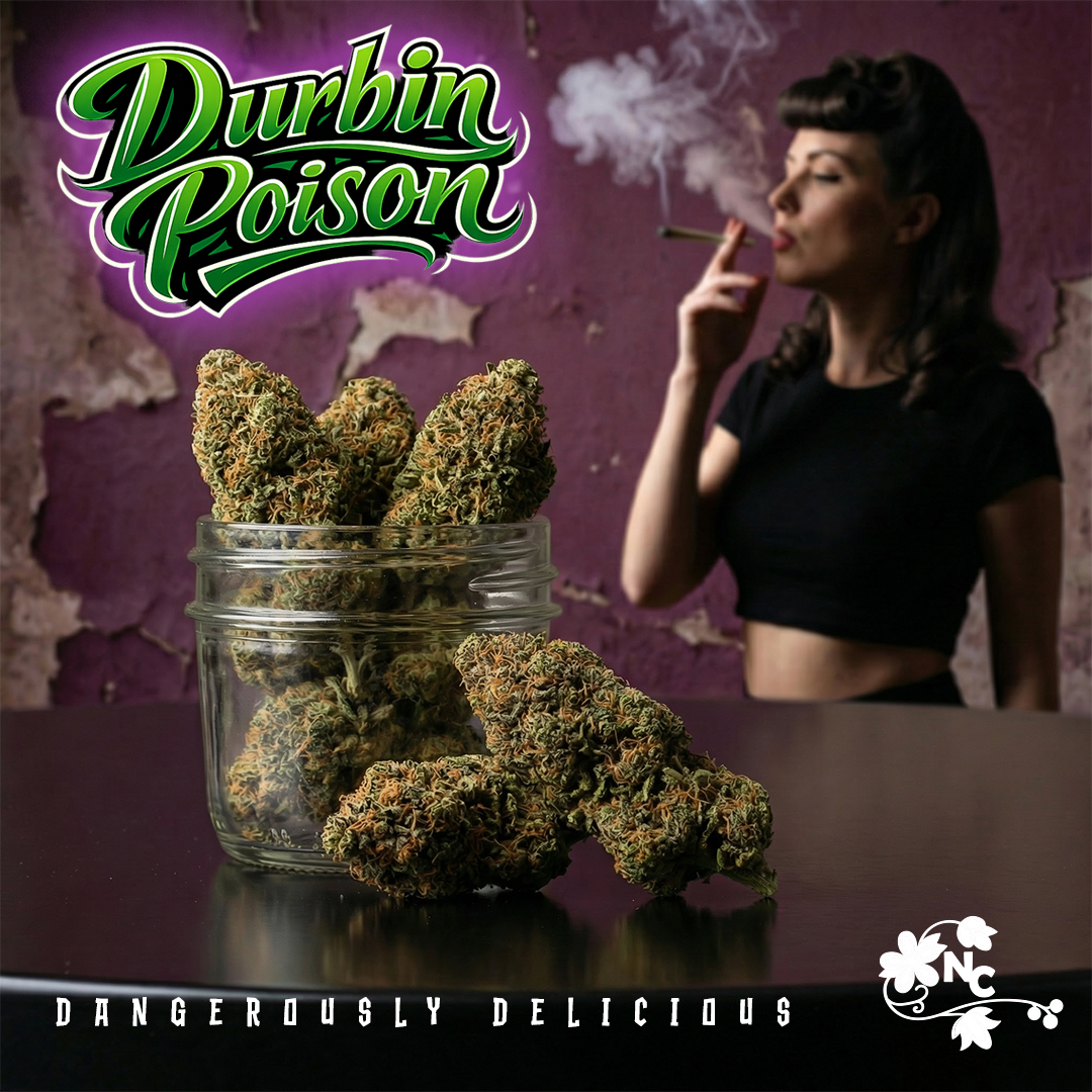 A woman with dark hair styled in vintage curls smokes a joint in front of a purple and textured wall, with a jar of cannabis buds labeled 'Durbin Poison' and some buds on a black surface. The image has a neon-style text overlay and a small flower log
