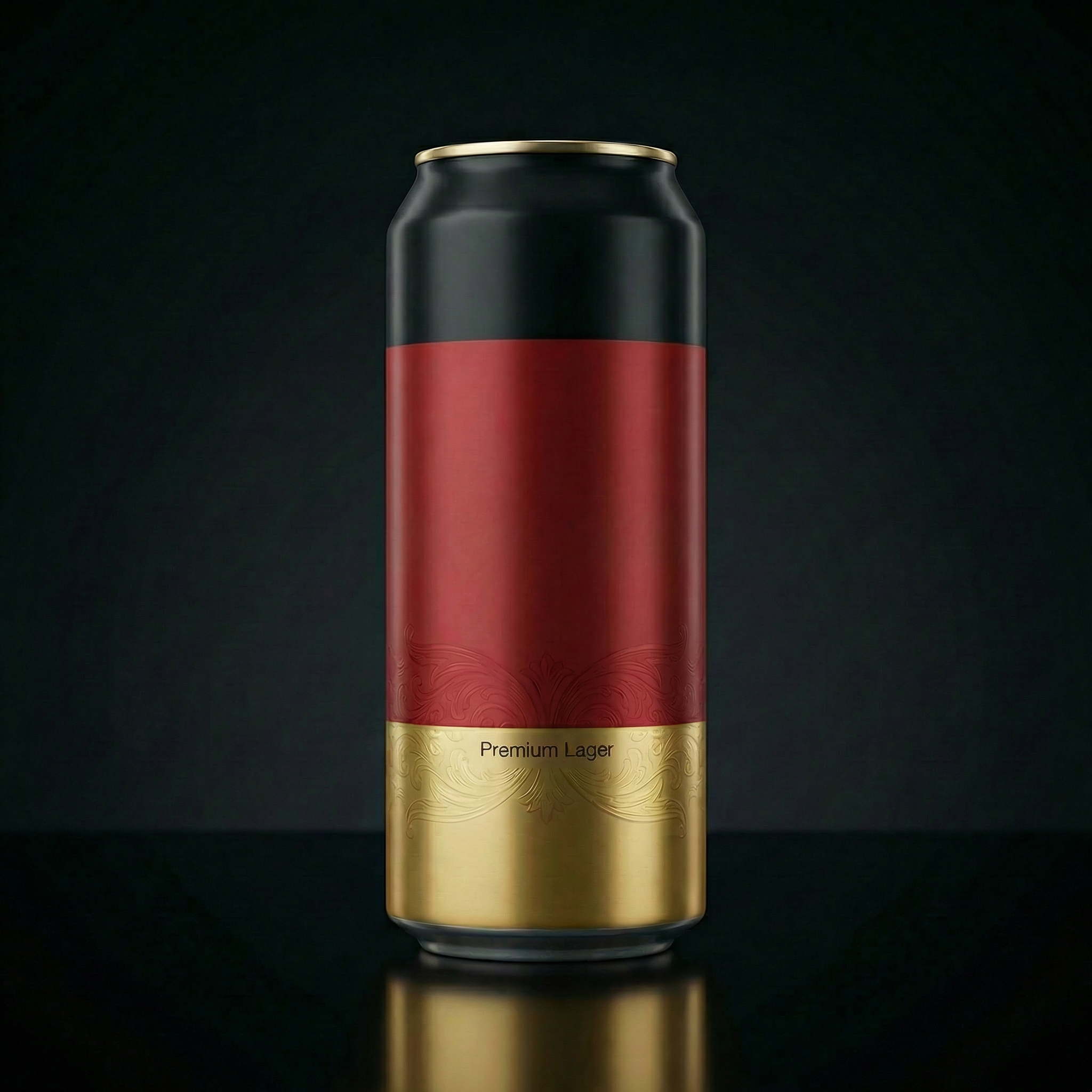 A black, red, and gold can labeled 'Premium Lager' against a dark background.