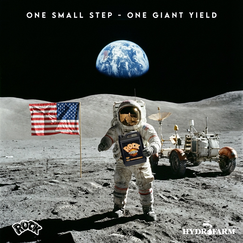 An astronaut on the moon holding a drink with a rocket logo, with the American flag planted nearby, a lunar rover in the background, and Earth visible in the sky, along with the text 'One Small Step - One Giant Yield' at the top.