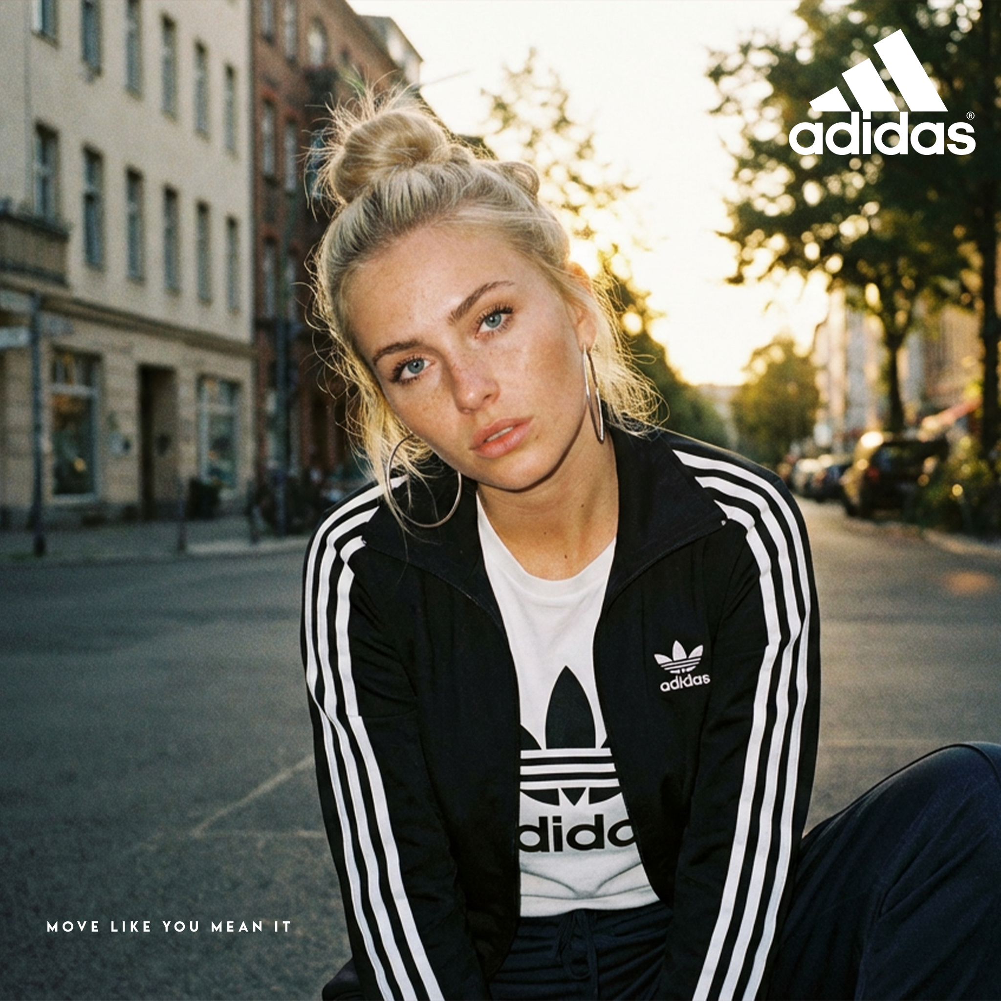 A young woman with platinum blonde hair styled in a top knot, wearing a black Adidas tracksuit with white stripes and a white Adidas t-shirt, sitting on a city street during sunset. She has large hoop earrings and gazes into the camera. The Adidas lo