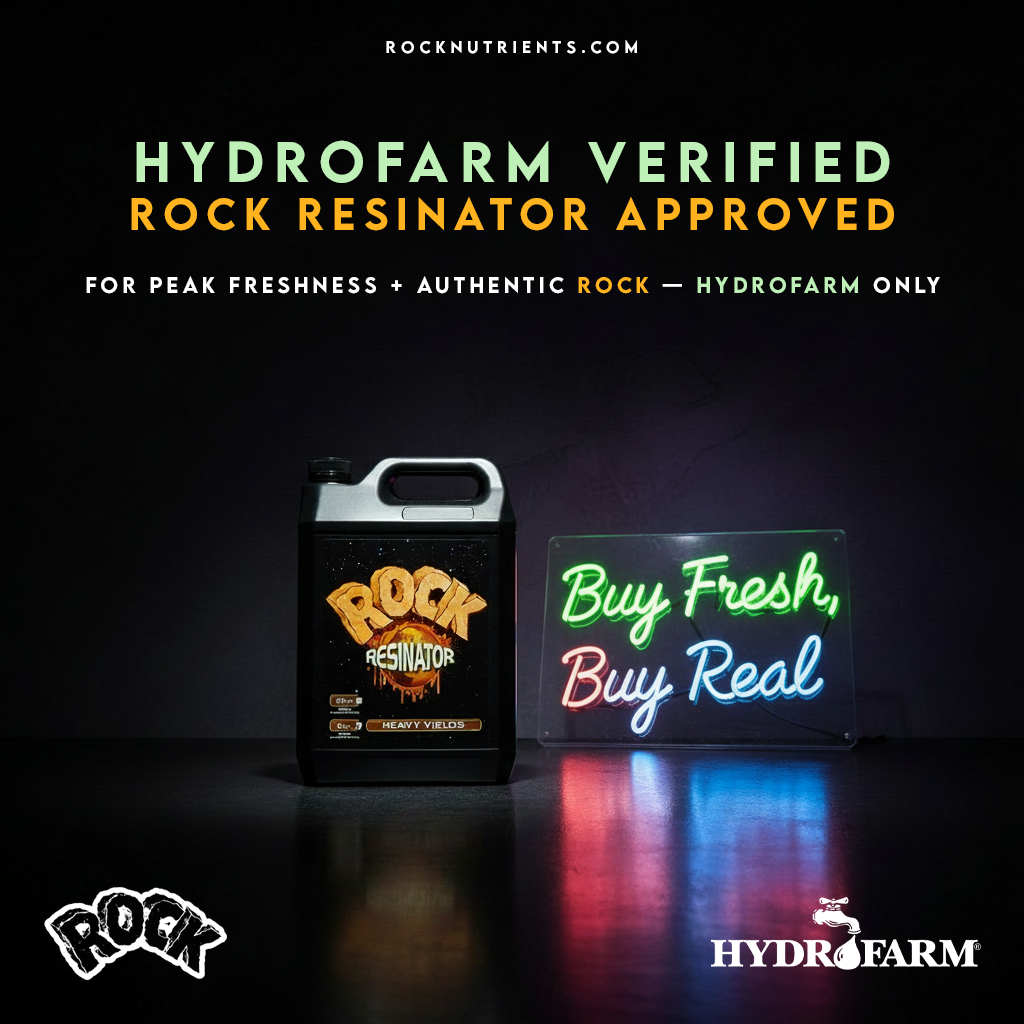 A black container labeled 'Rock Resinator' with a glowing design and the words 'Heavy Vields' on it, placed next to a colorful neon sign that reads 'Buy Fresh, Buy Real.' The image promotes HydroFarm's rock resinator approved product for growing plan