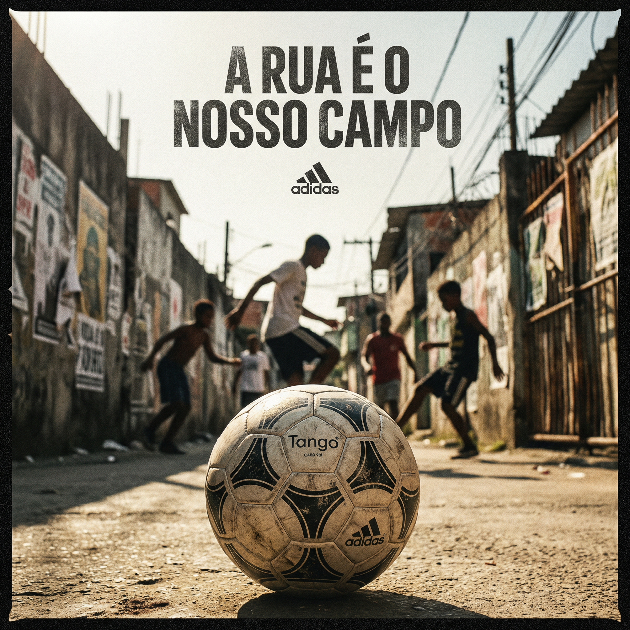 Kids playing soccer on a dirt street in a neighborhood with graffiti-covered walls.