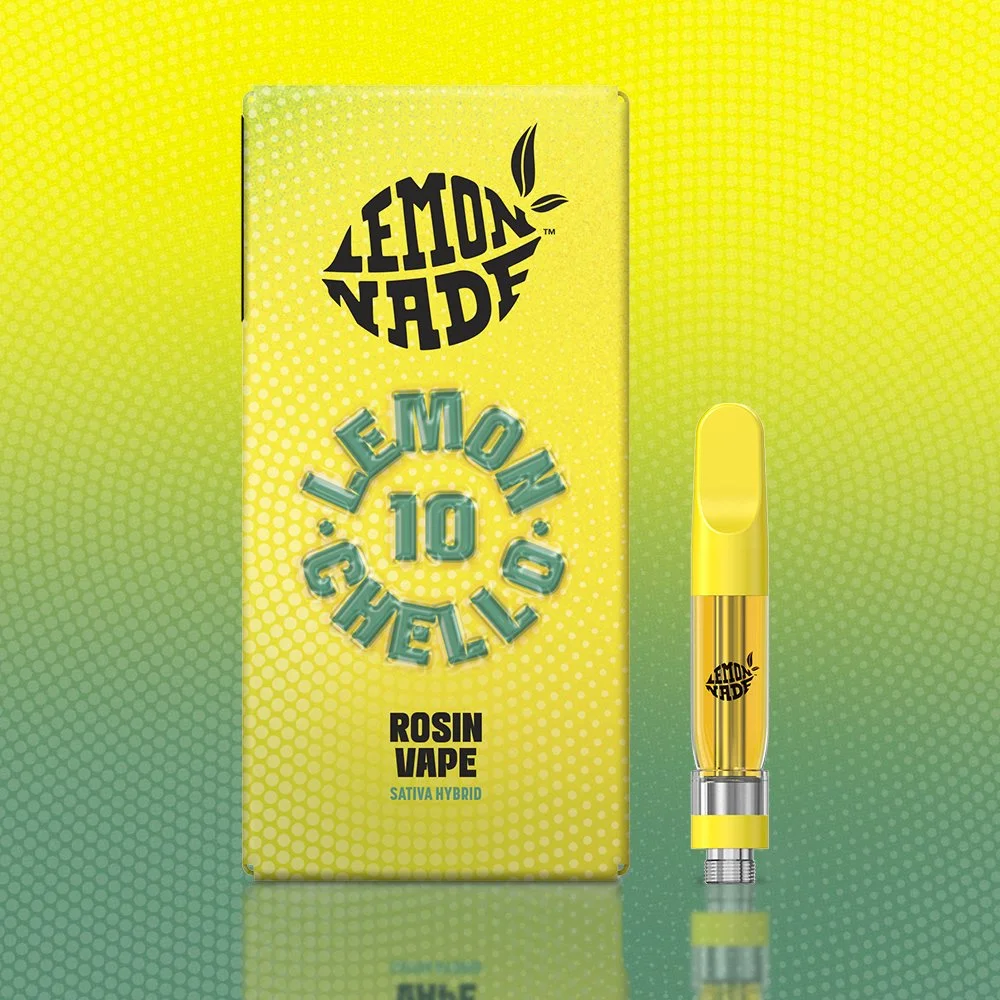 A yellow box labeled 'LEMONNADE' with a black lemon graphic and the text '10' in the middle, indicating a 10mg dosage. Next to the box is a vape cartridge with a yellow mouthpiece and a yellow label, also marked 'LEMONNADE'.