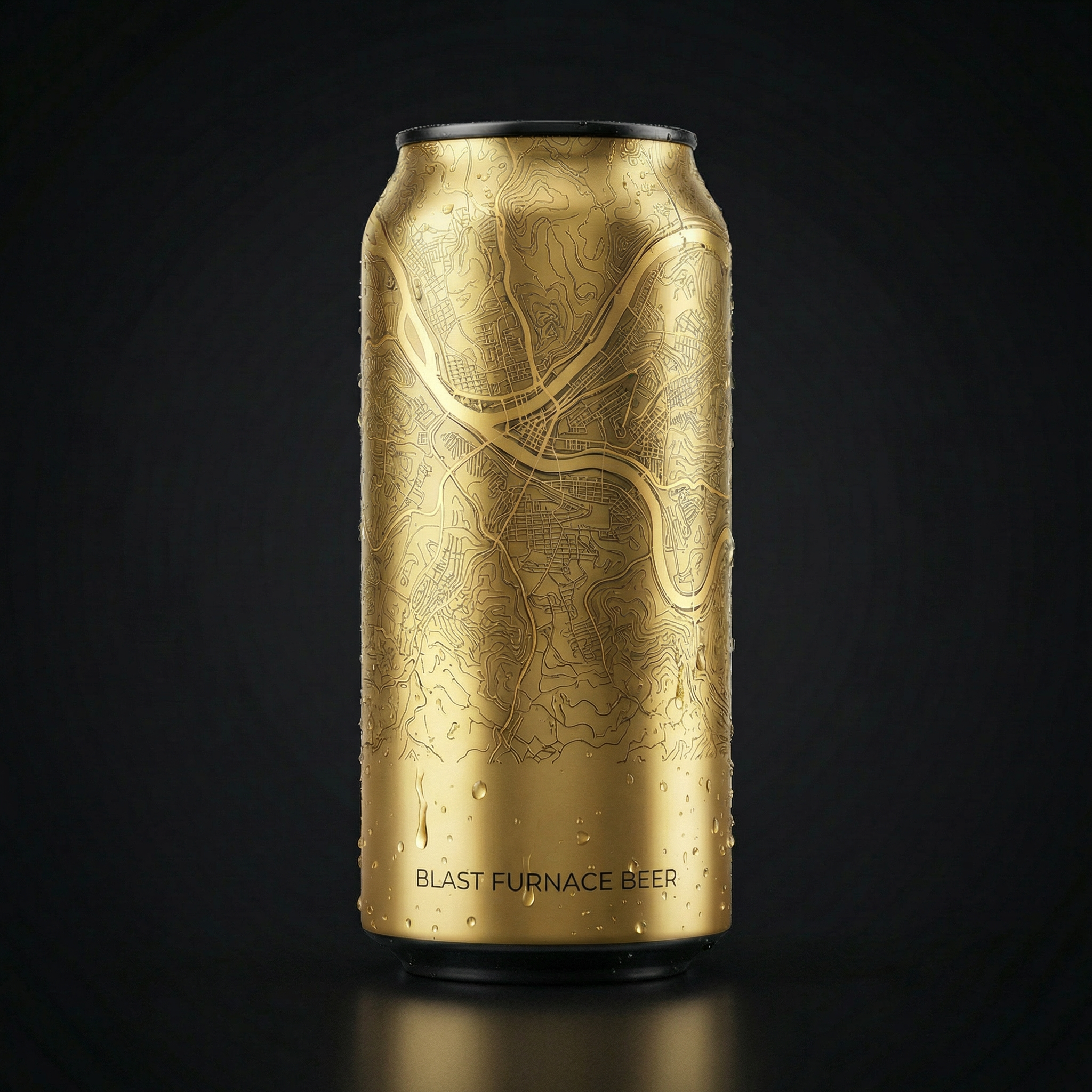 A can of beer with a gold-colored design and black top, featuring a map-like pattern and the text 'Blast Furnace Beer' at the bottom.
