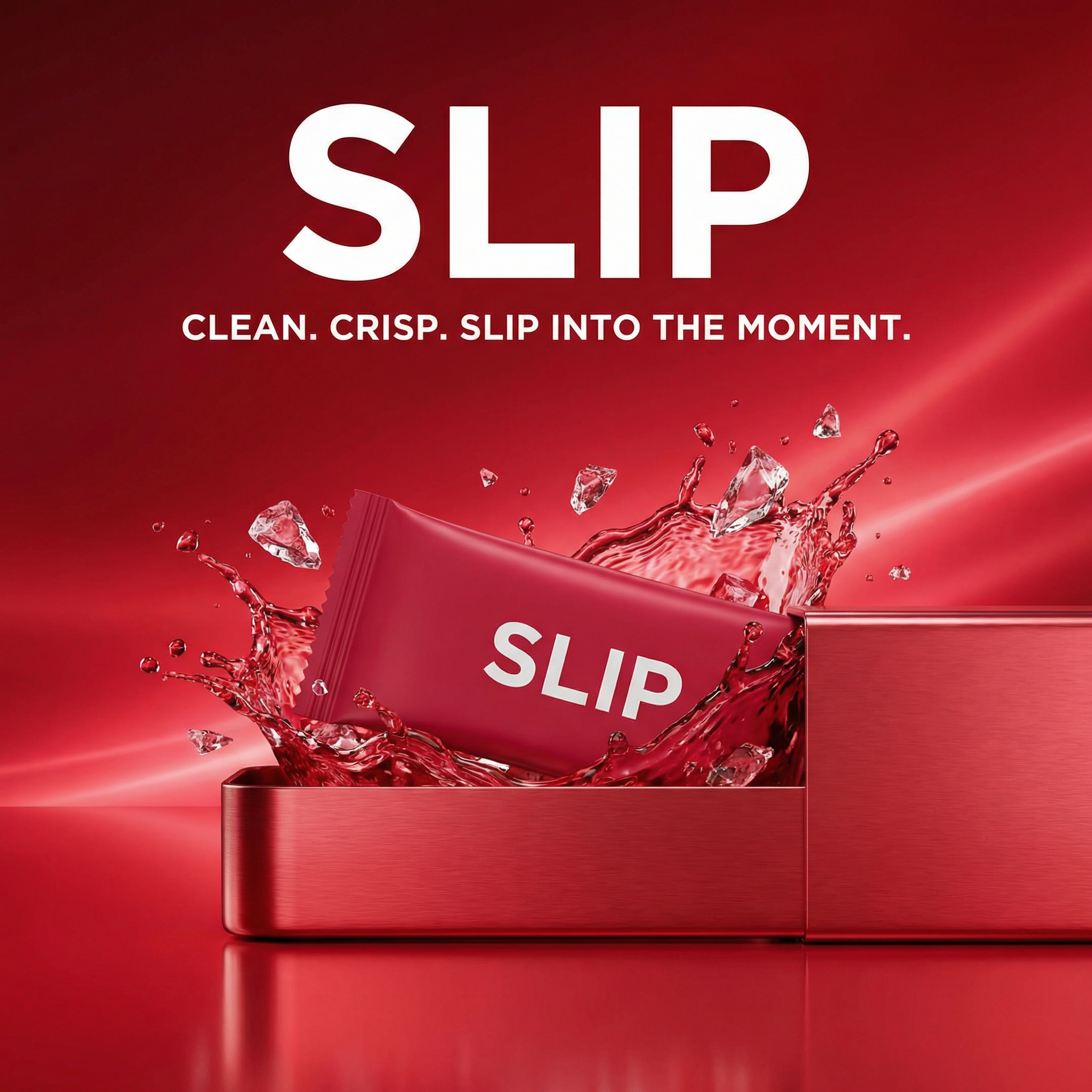 Red box with water splashing and a product labeled "SLIP" inside. Background is red with the word "SLIP" and the slogan "CLEAN. CRISP. SLIP INTO THE MOMENT" above.