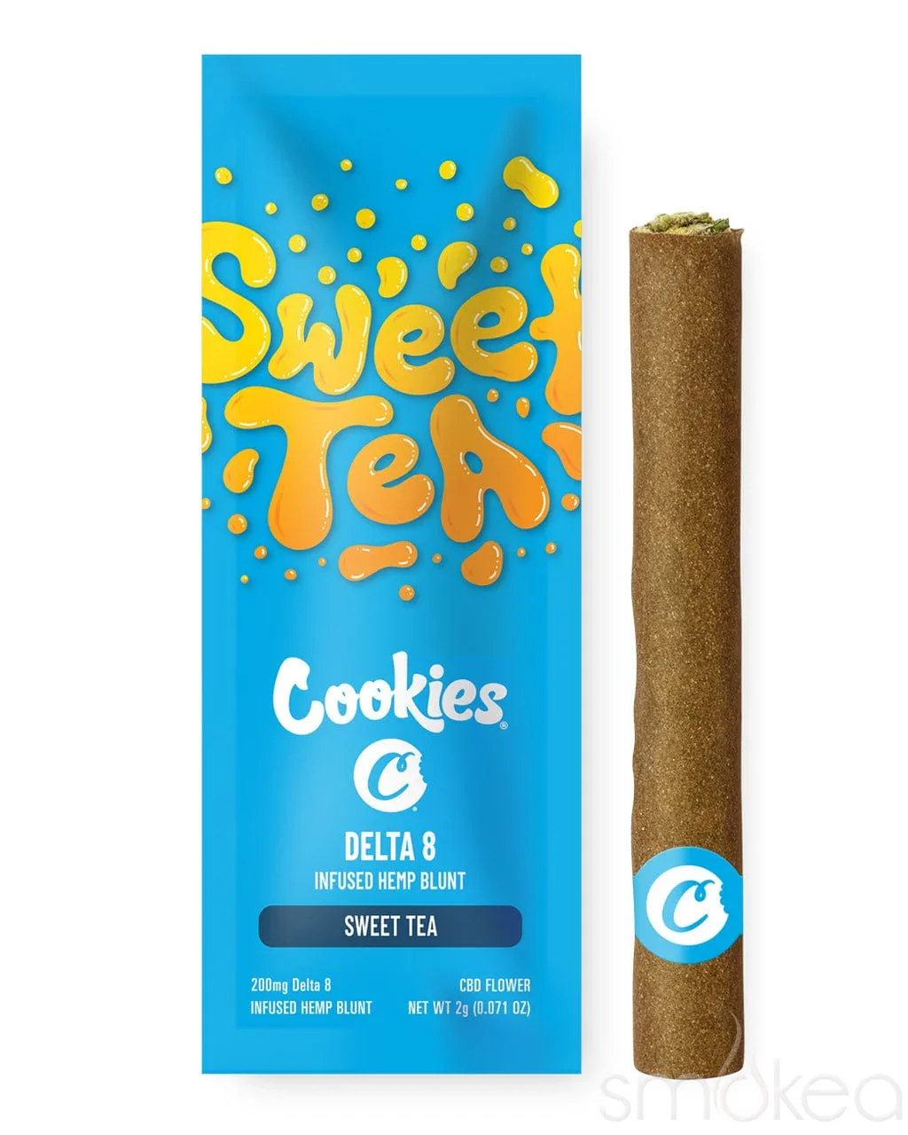 Bright blue package with yellow and orange text that says 'Sweet Tea Cookies,' and a hemp blunt with a blue logo and CBD flower label on the right.